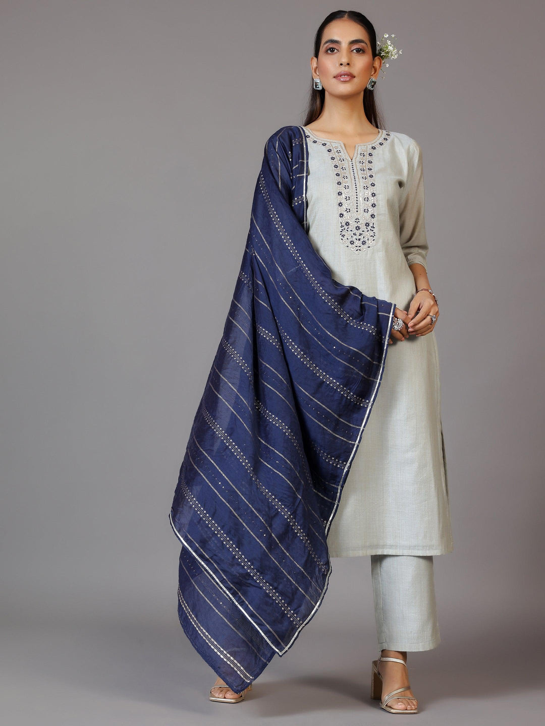 Grey Yoke Design Chanderi Silk Straight Kurta With Trousers & Dupatta - Libas