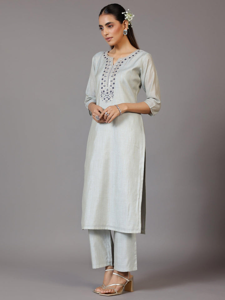 Grey Yoke Design Chanderi Silk Straight Kurta With Trousers & Dupatta - Libas