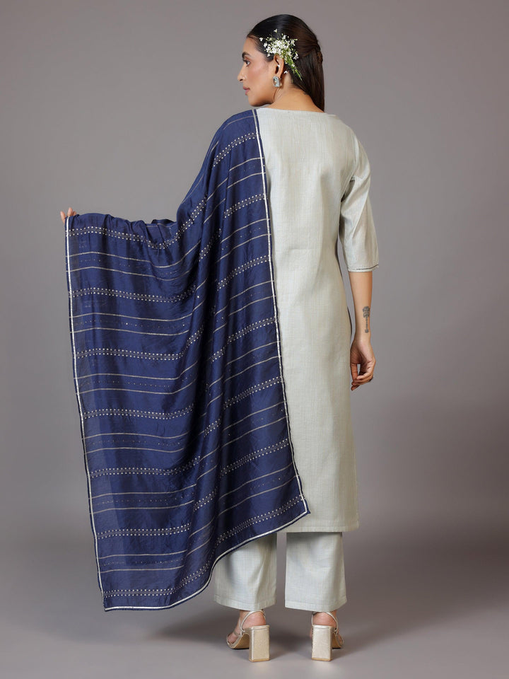 Grey Yoke Design Chanderi Silk Straight Kurta With Trousers & Dupatta - Libas