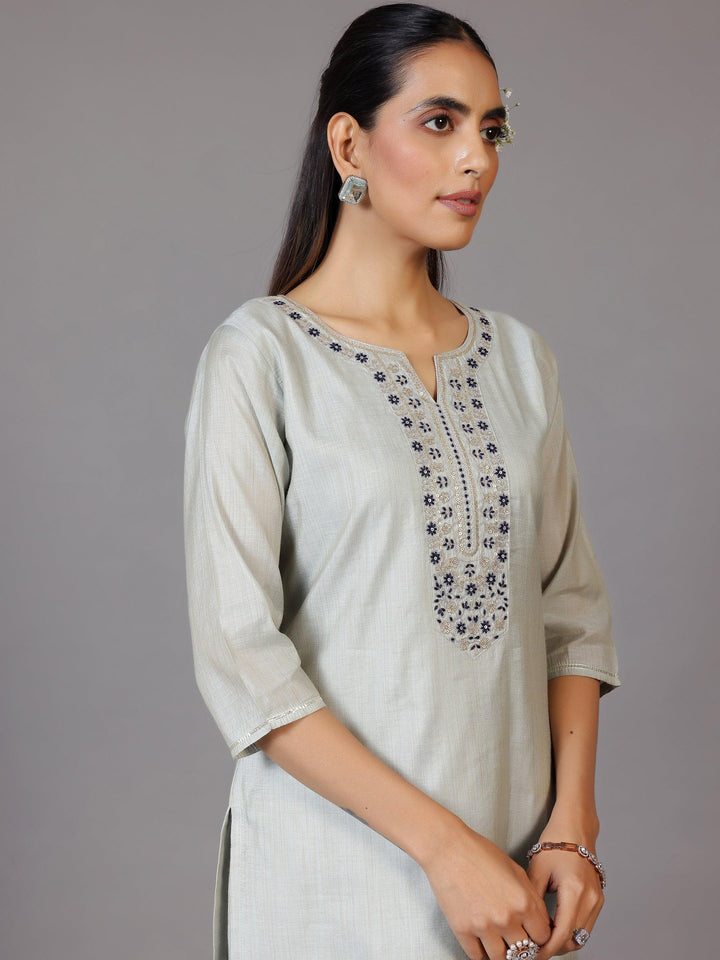 Grey Yoke Design Chanderi Silk Straight Kurta With Trousers & Dupatta - Libas