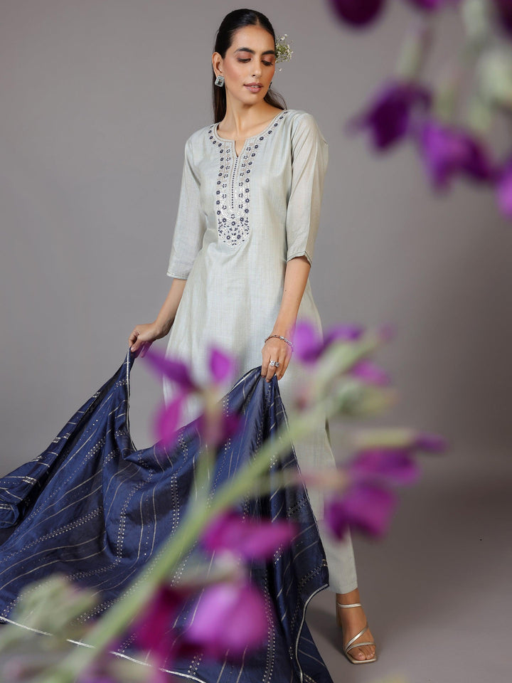 Grey Yoke Design Chanderi Silk Straight Kurta With Trousers & Dupatta - Libas