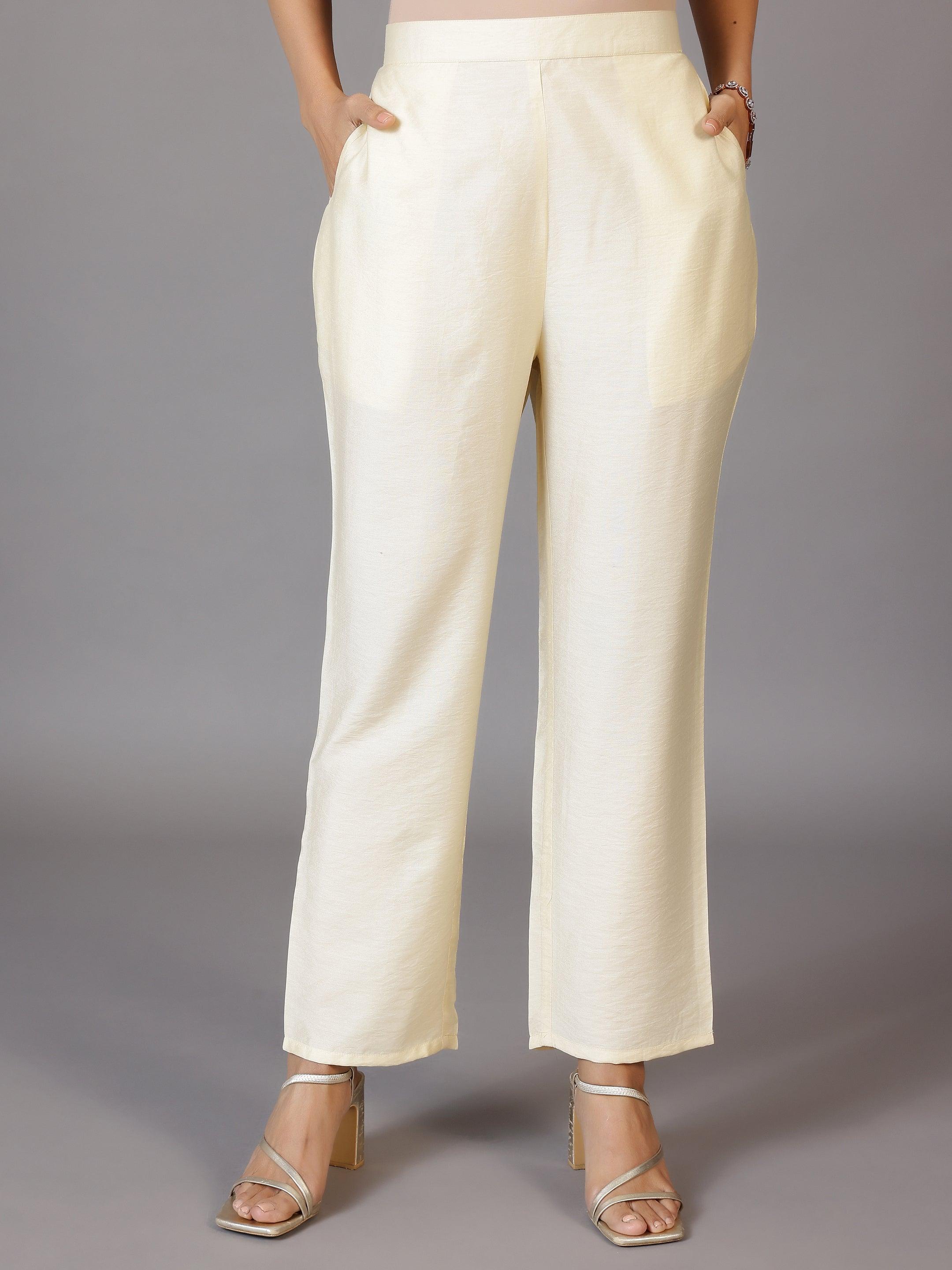 Off White Yoke Design Silk Blend Straight Kurta With Trousers & Dupatta