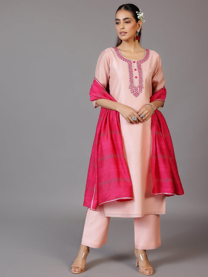 Pink Yoke Design Chanderi Silk Straight Kurta With Trousers & Dupatta - Libas