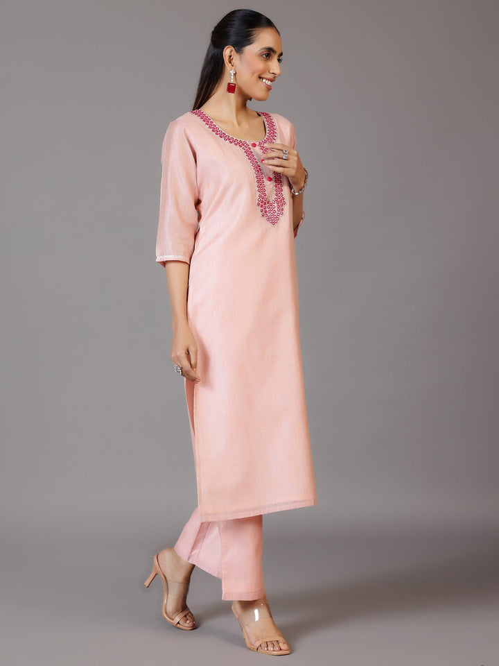 Pink Yoke Design Chanderi Silk Straight Kurta With Trousers & Dupatta - Libas