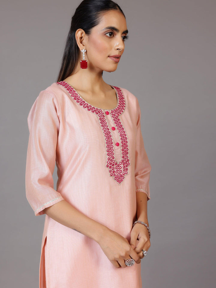 Pink Yoke Design Chanderi Silk Straight Kurta With Trousers & Dupatta - Libas