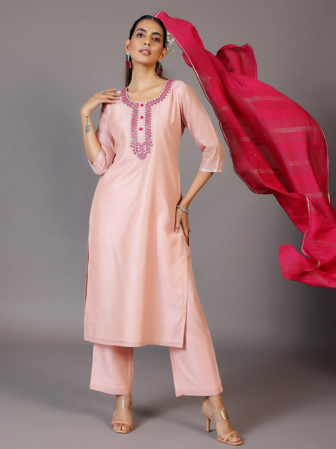 Pink Yoke Design Chanderi Silk Straight Kurta With Trousers & Dupatta - Libas