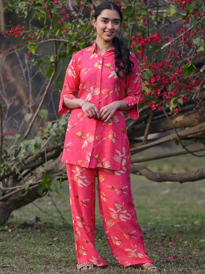 Pink Printed Cotton Blend Shirt With Palazzos - Libas