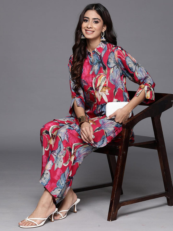 Pink Printed Cotton Blend Shirt With Palazzos - Libas