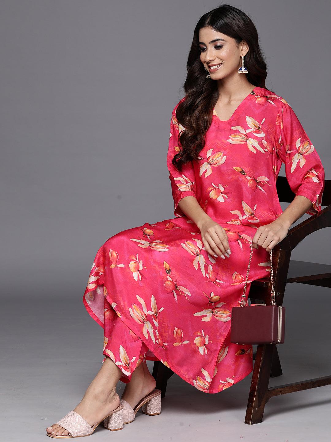 Pink Printed Cotton Blend Tunic With Palazzos - Libas 