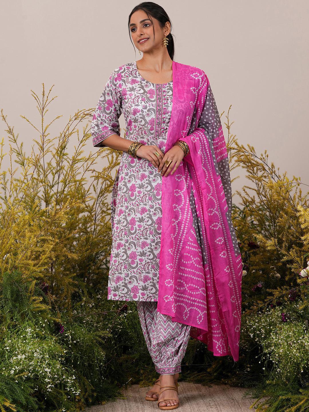 Pink Printed Cotton Straight Suit With Dupatta - Libas 