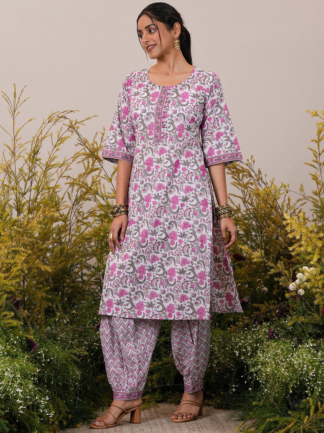 Pink Printed Cotton Straight Suit With Dupatta - Libas 