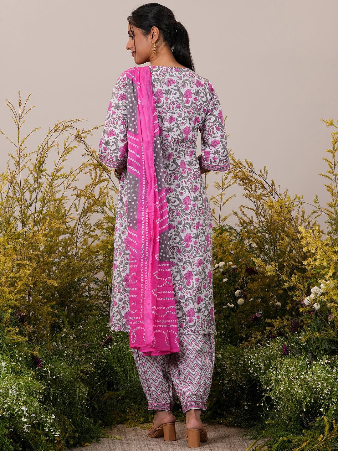 Pink Printed Cotton Straight Suit With Dupatta - Libas 