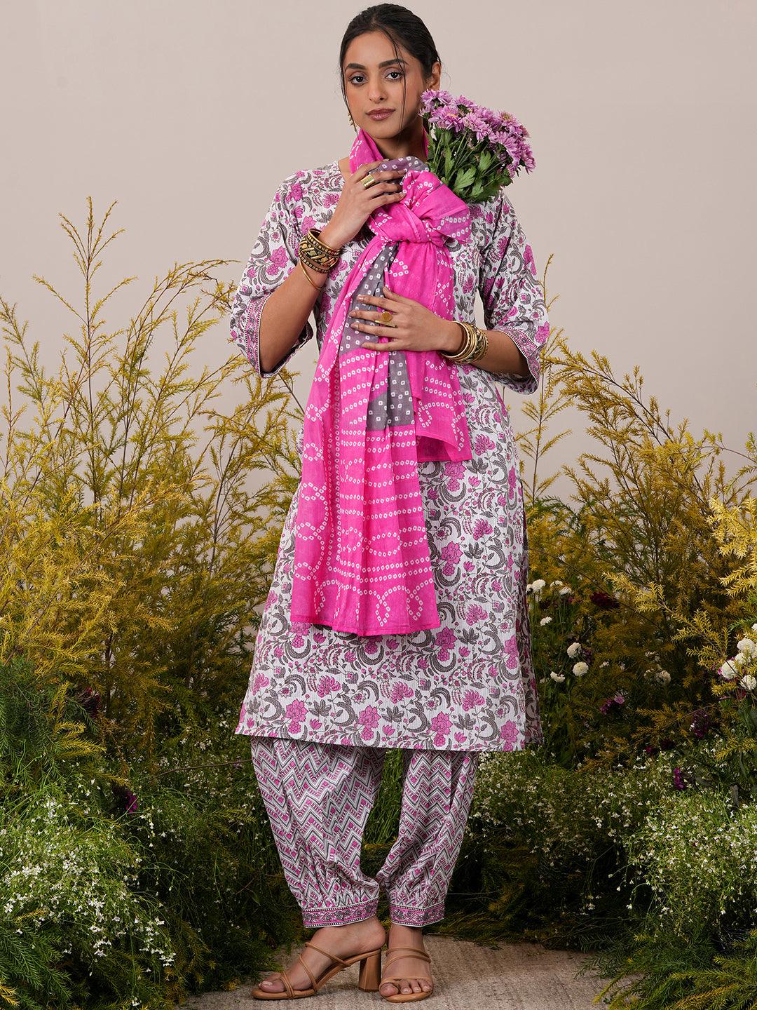 Pink Printed Cotton Straight Suit With Dupatta - Libas 