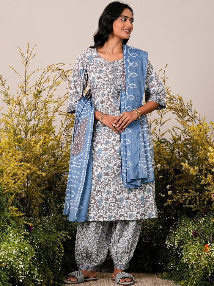 Blue Printed Cotton Straight Suit With Dupatta - Libas