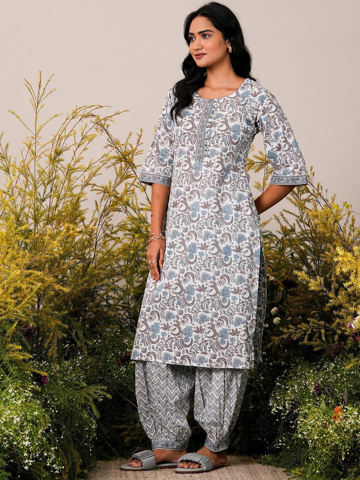 Blue Printed Cotton Straight Suit With Dupatta - Libas