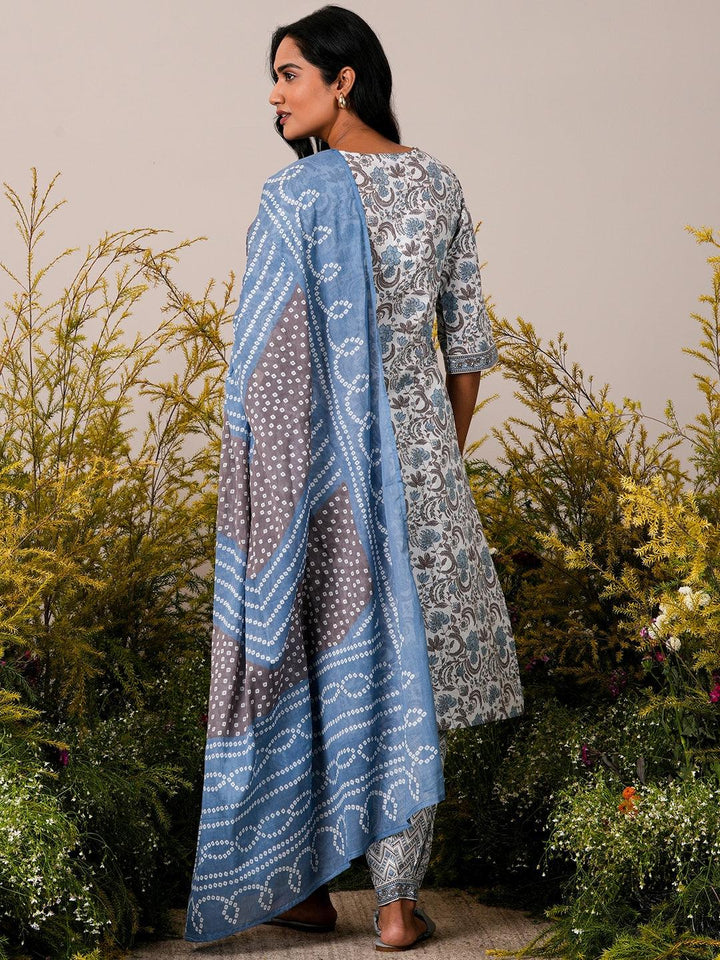 Blue Printed Cotton Straight Suit With Dupatta - Libas