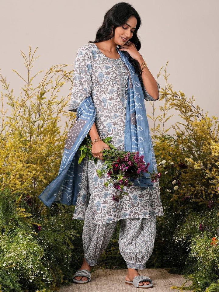 Blue Printed Cotton Straight Suit With Dupatta - Libas