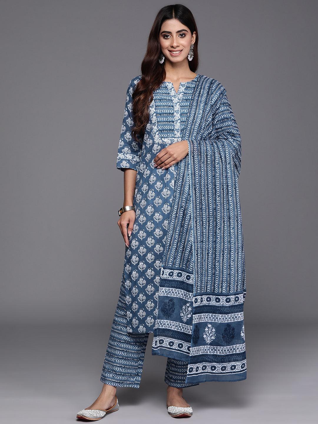 Blue Printed Cotton Straight Suit With Dupatta - Libas