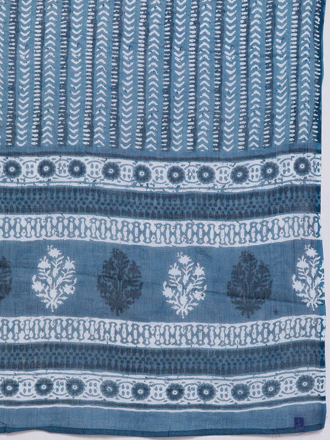 Blue Printed Cotton Straight Suit With Dupatta - Libas