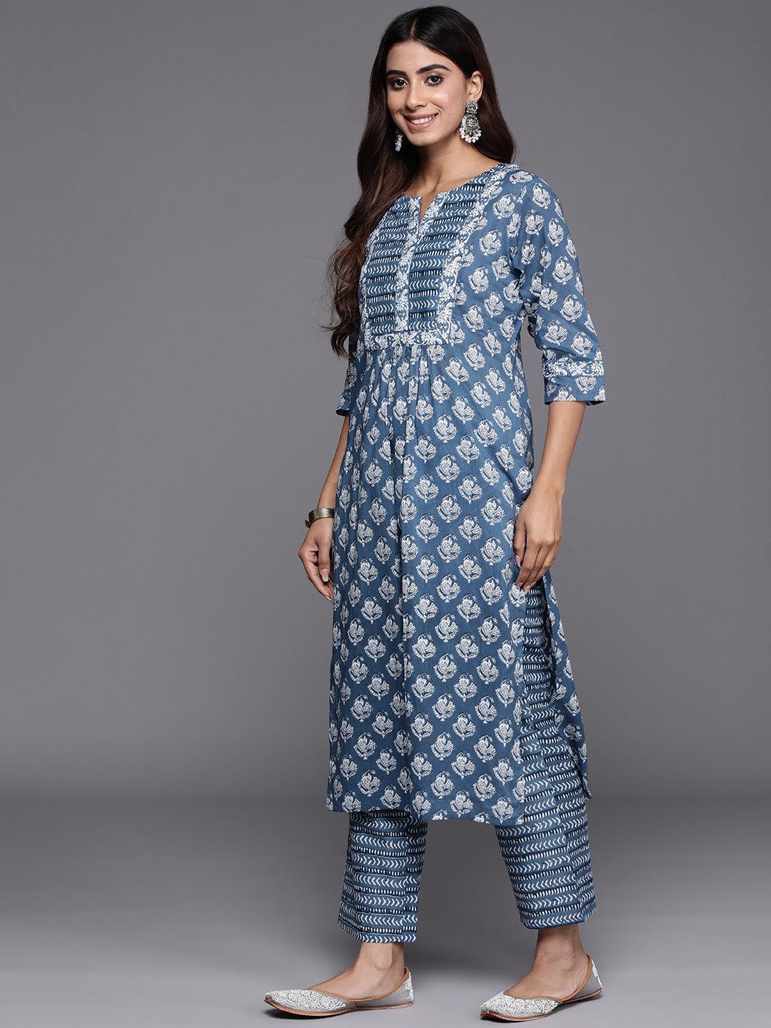 Blue Printed Cotton Straight Suit With Dupatta - Libas