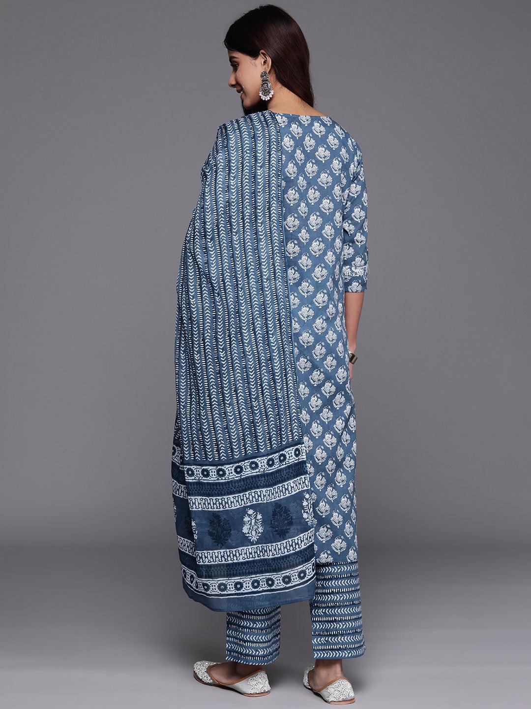 Blue Printed Cotton Straight Suit With Dupatta - Libas