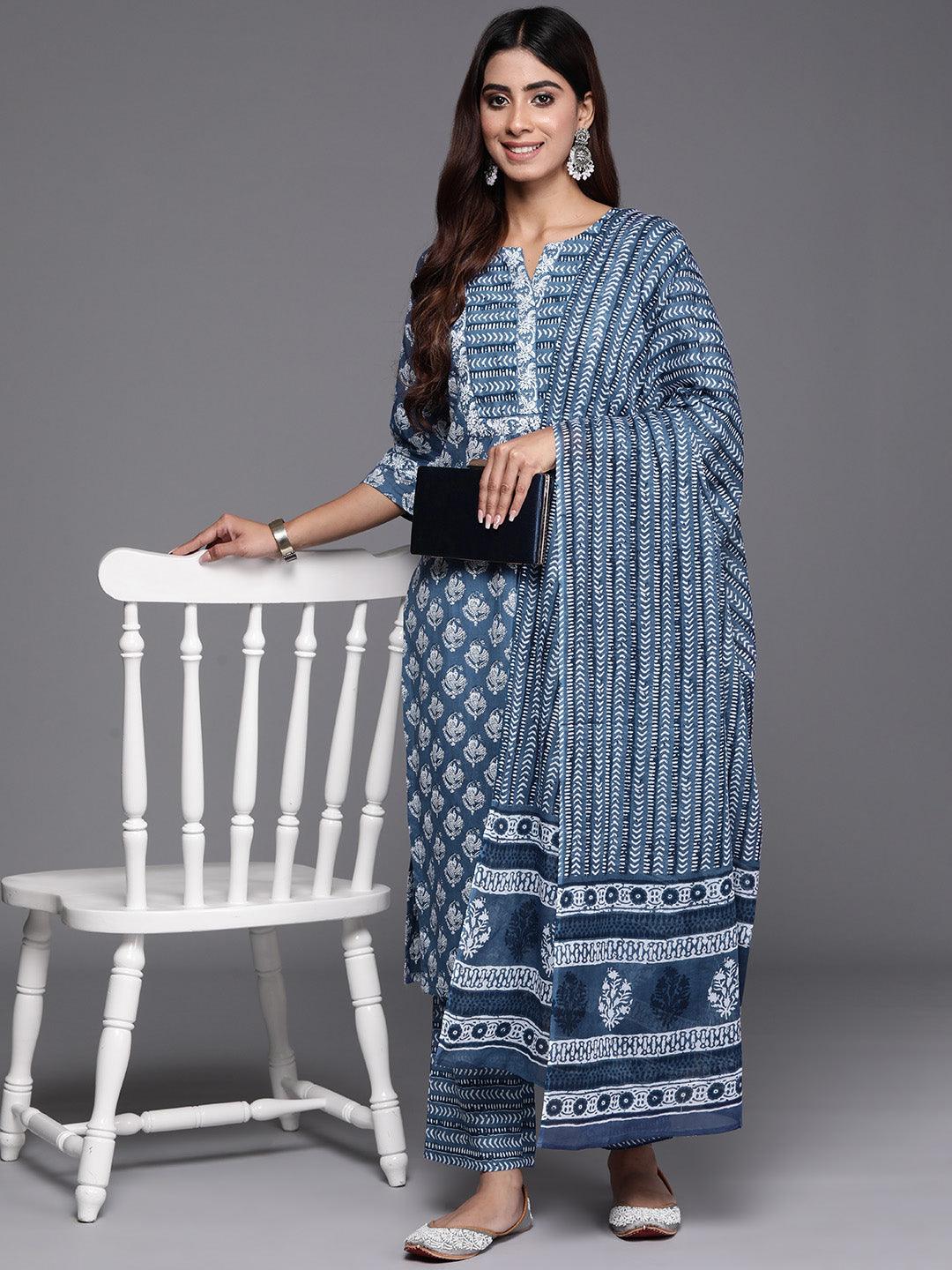 Blue Printed Cotton Straight Suit With Dupatta - Libas