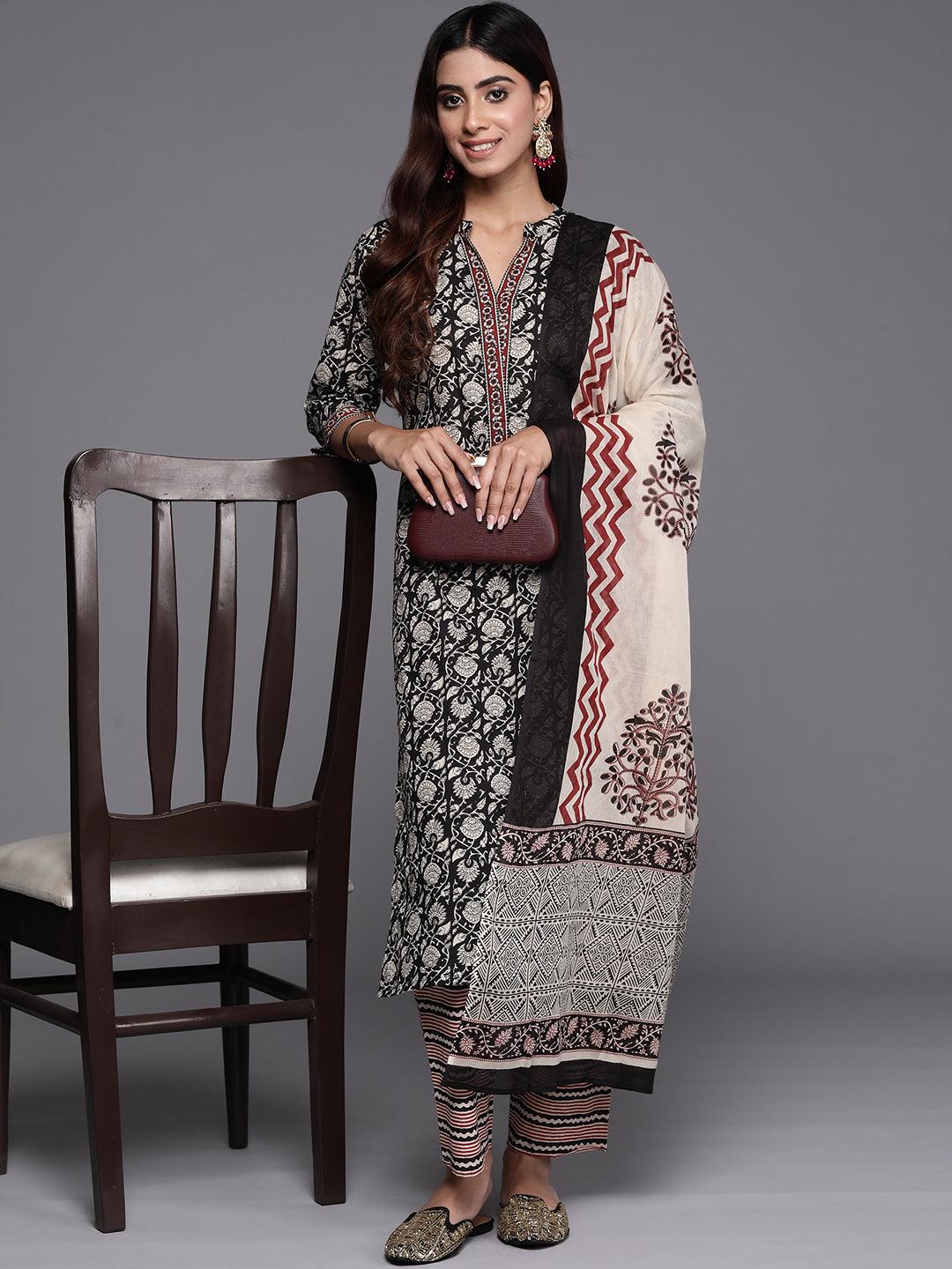 Black Printed Cotton Straight Suit With Dupatta - Libas 