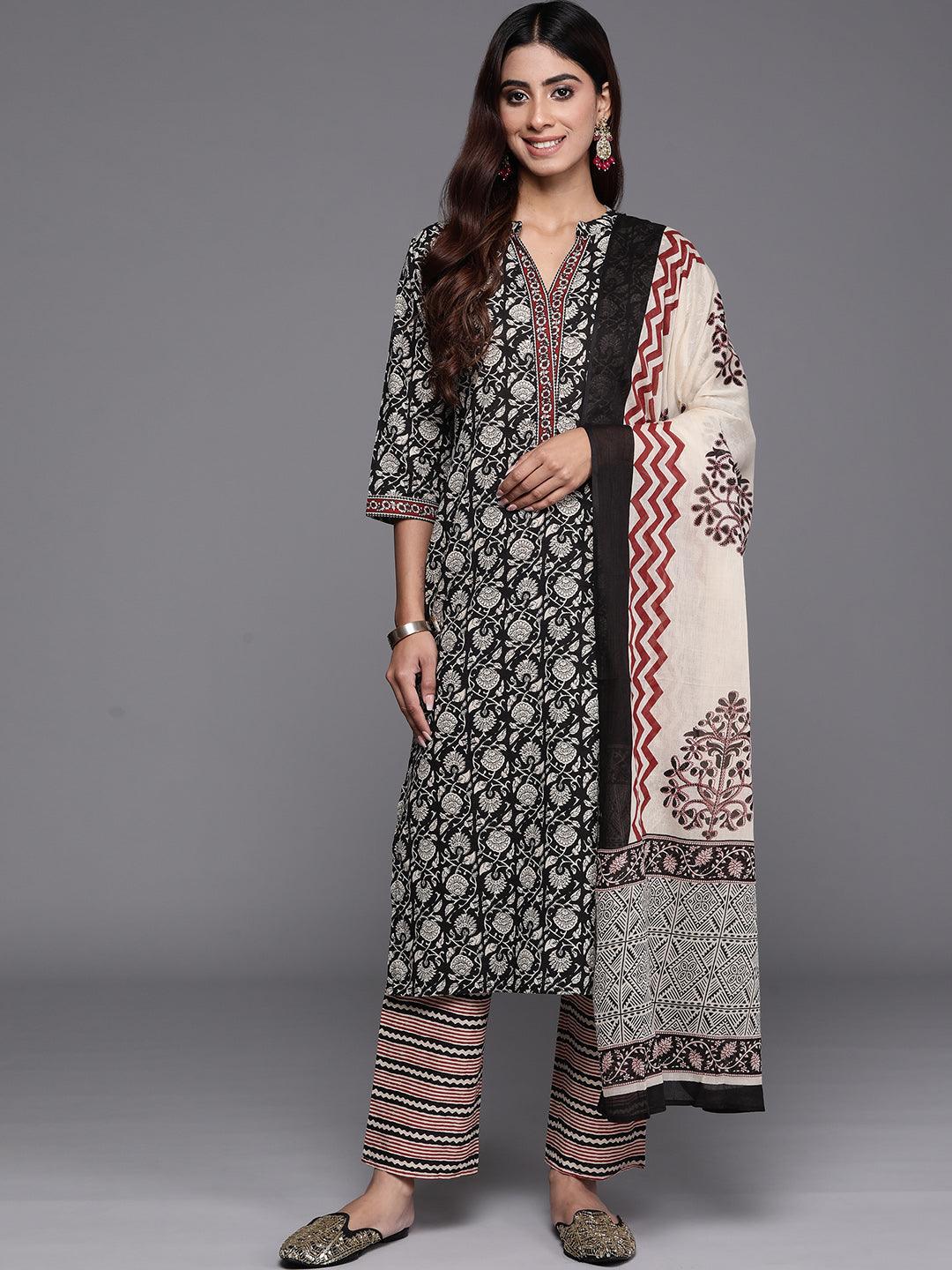 Black Printed Cotton Straight Suit With Dupatta - Libas