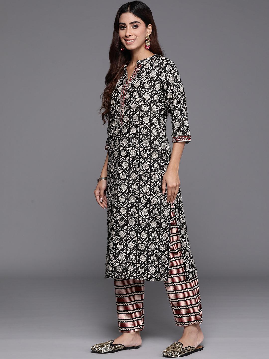 Black Printed Cotton Straight Suit With Dupatta - Libas