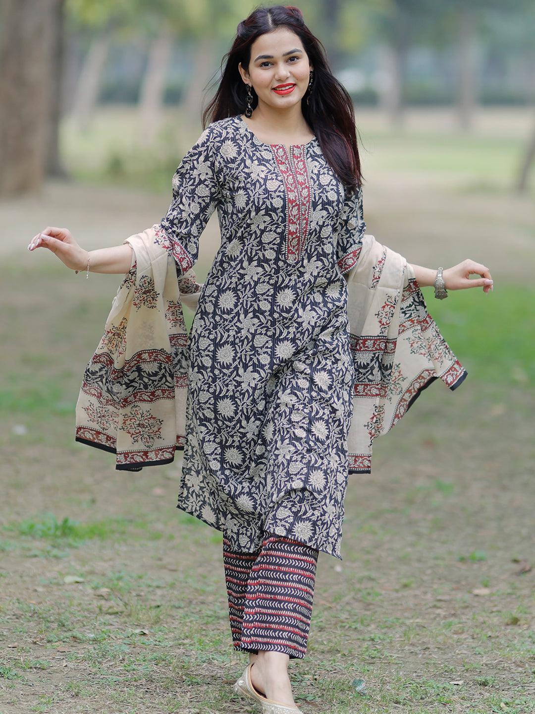 Black Printed Cotton Straight Suit With Dupatta - Libas