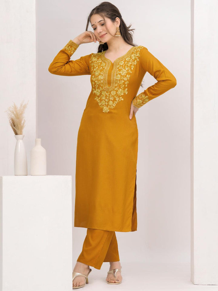 Mustard Yoke Design Wool Blend Straight Kurta Set - Libas