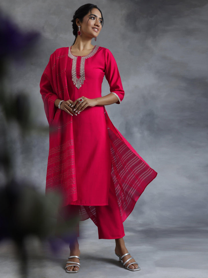 Pink Embroidered Silk Blend Straight Suit With Dupatta - Libas