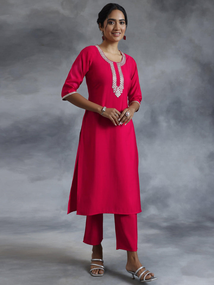 Pink Embroidered Silk Blend Straight Suit With Dupatta - Libas