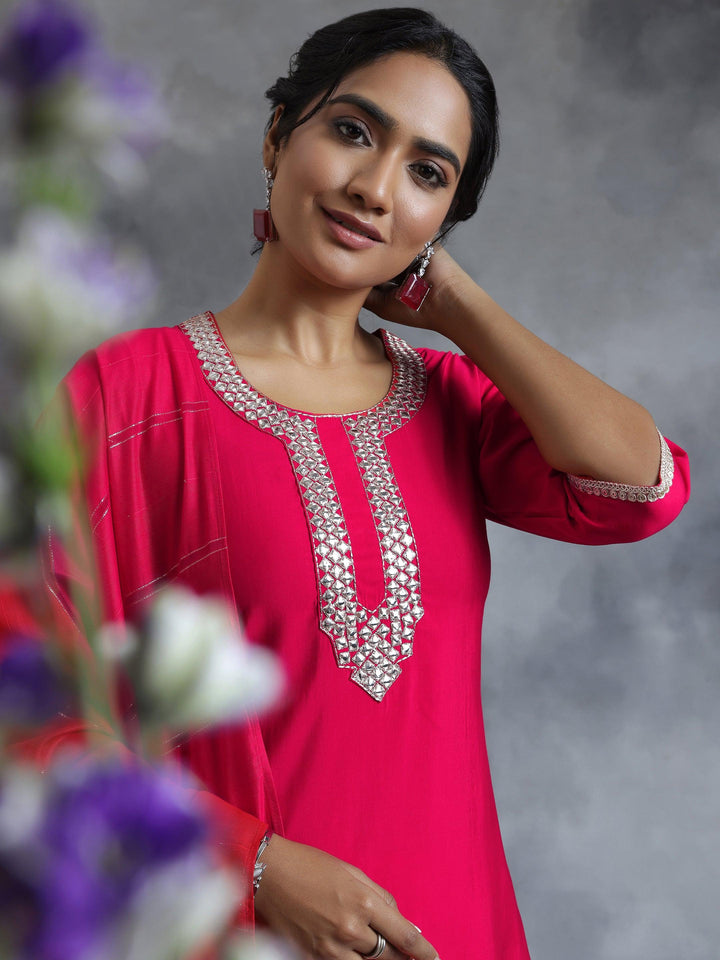 Pink Embroidered Silk Blend Straight Suit With Dupatta - Libas