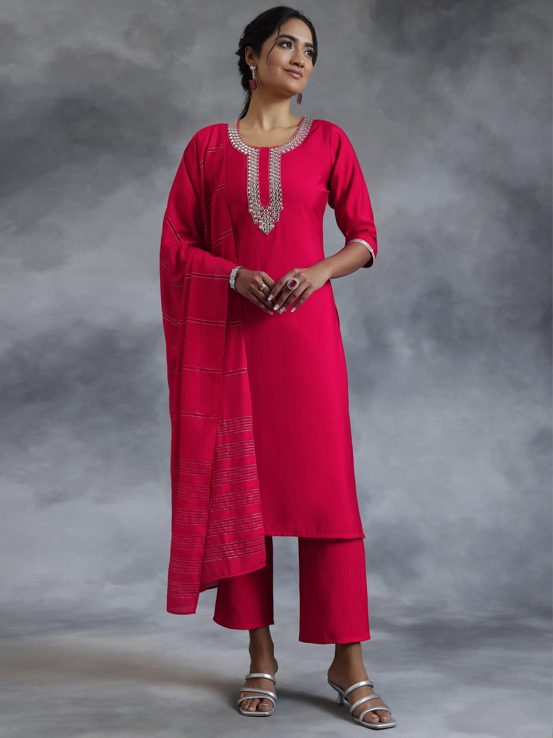 Pink Embroidered Silk Blend Straight Suit With Dupatta - Libas