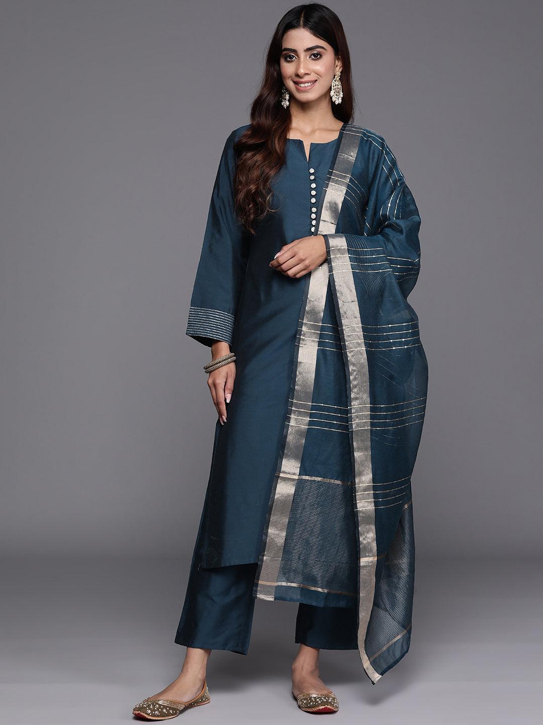 Blue Solid Silk Blend Straight Suit With Dupatta - Libas 