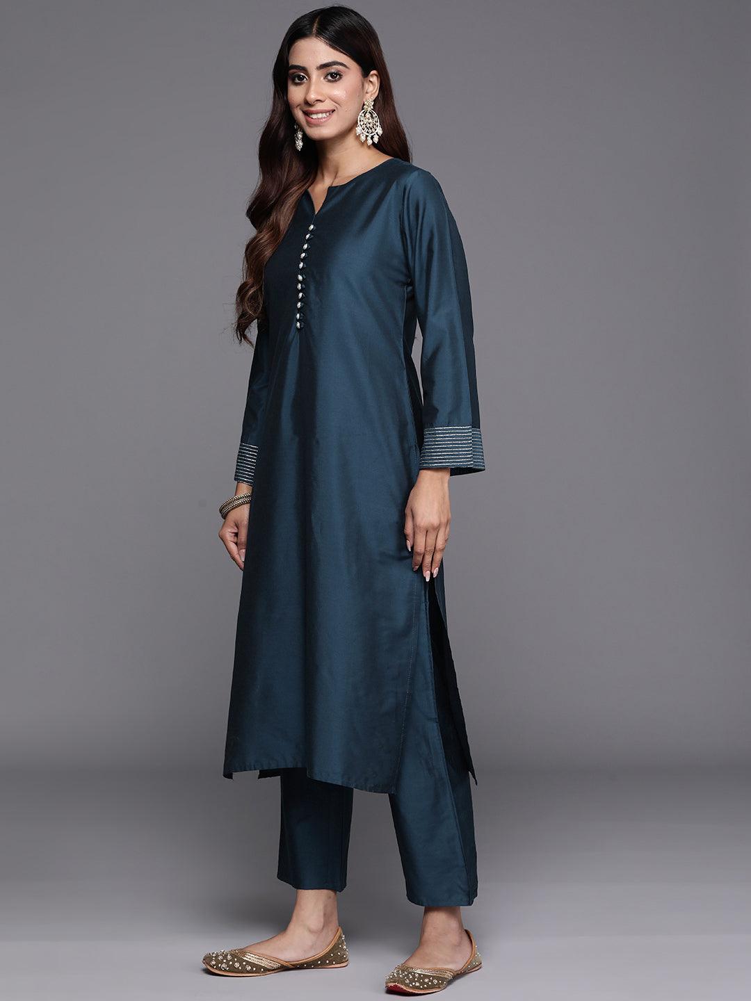 Blue Solid Silk Blend Straight Suit With Dupatta - Libas 