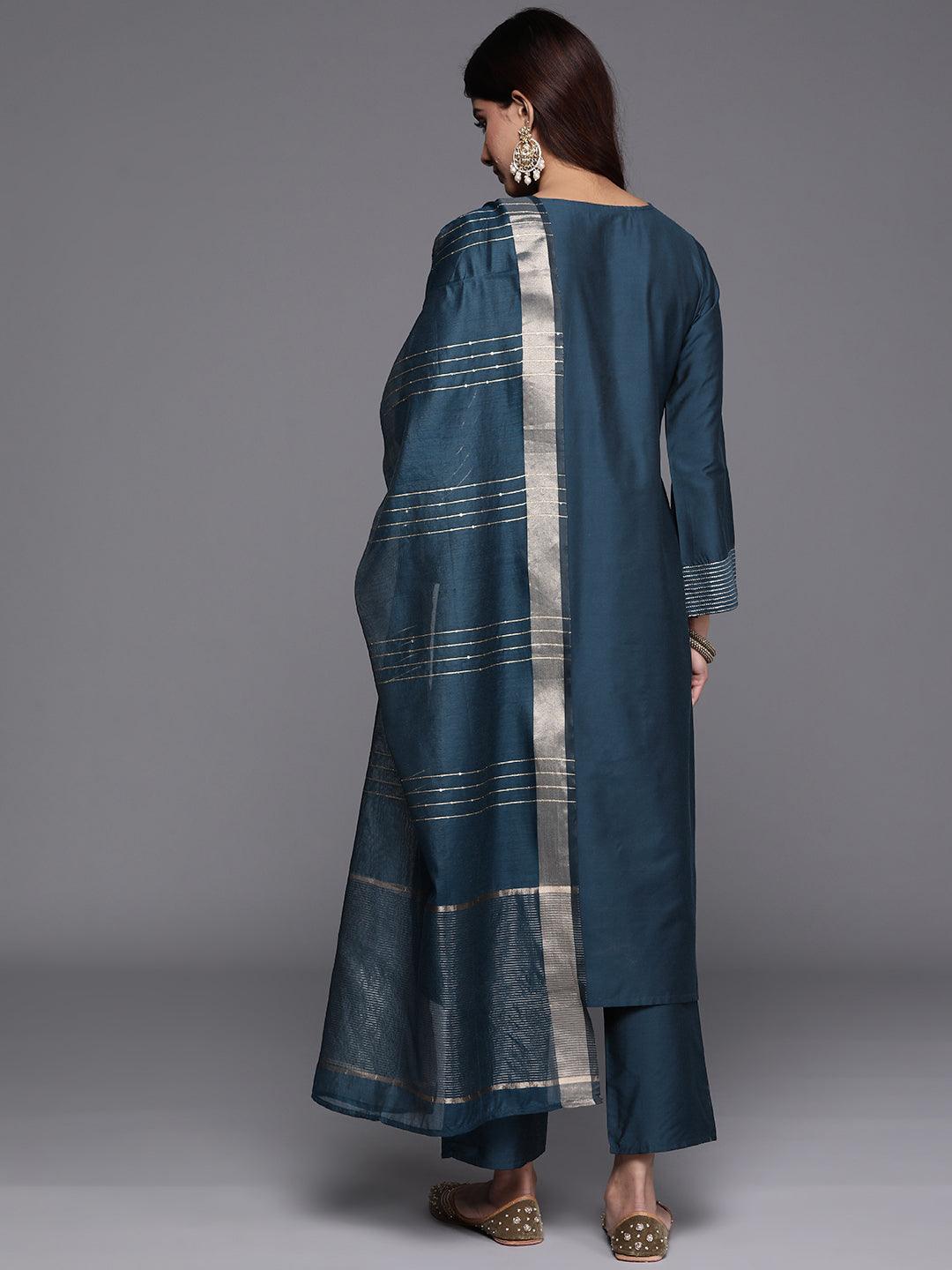 Blue Solid Silk Blend Straight Suit With Dupatta - Libas 