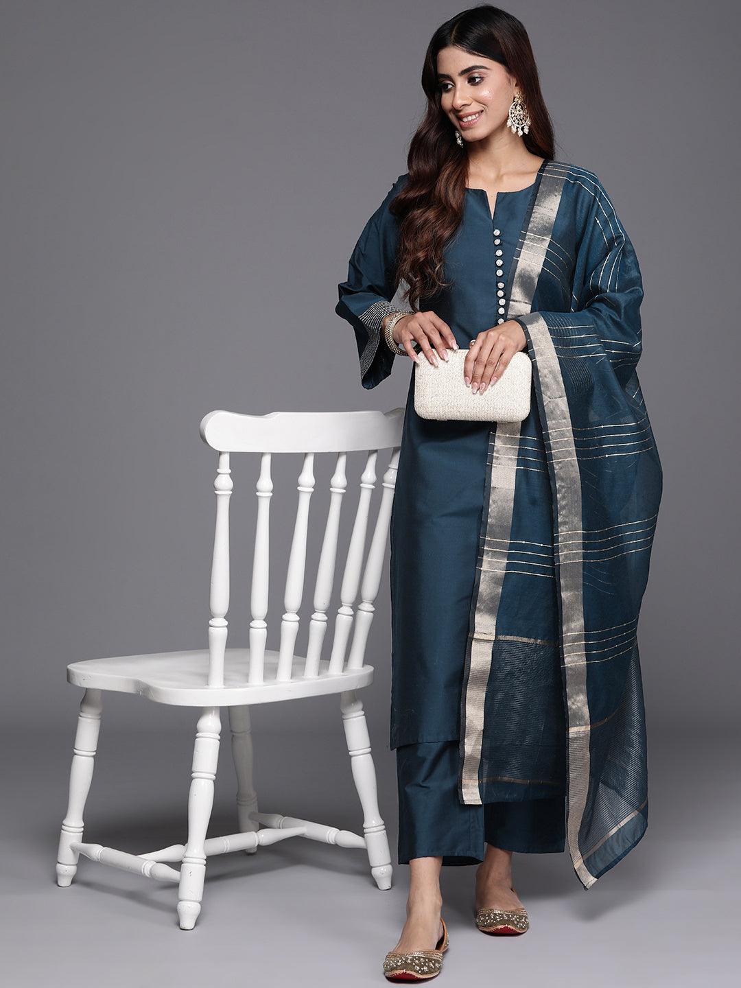 Blue Solid Silk Blend Straight Suit With Dupatta - Libas 