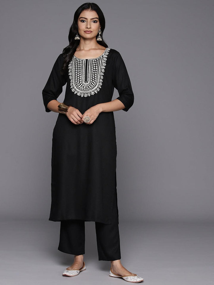 Black Yoke Design Wool Blend Straight Kurta With Trousers - Libas