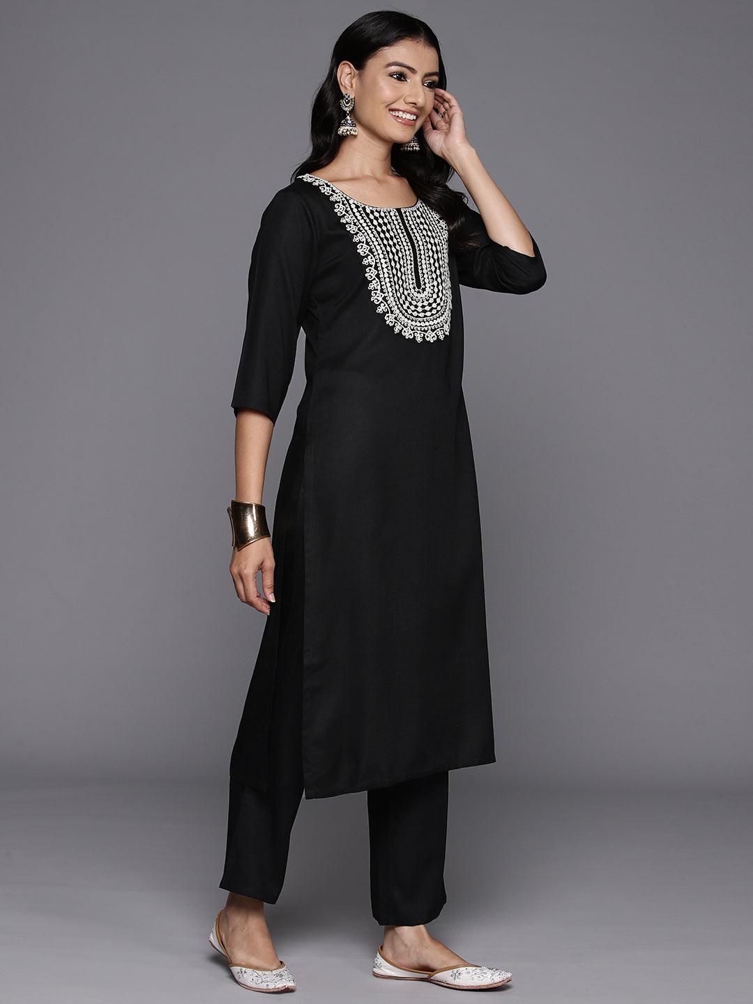 Black Yoke Design Wool Blend Straight Kurta With Trousers - Libas