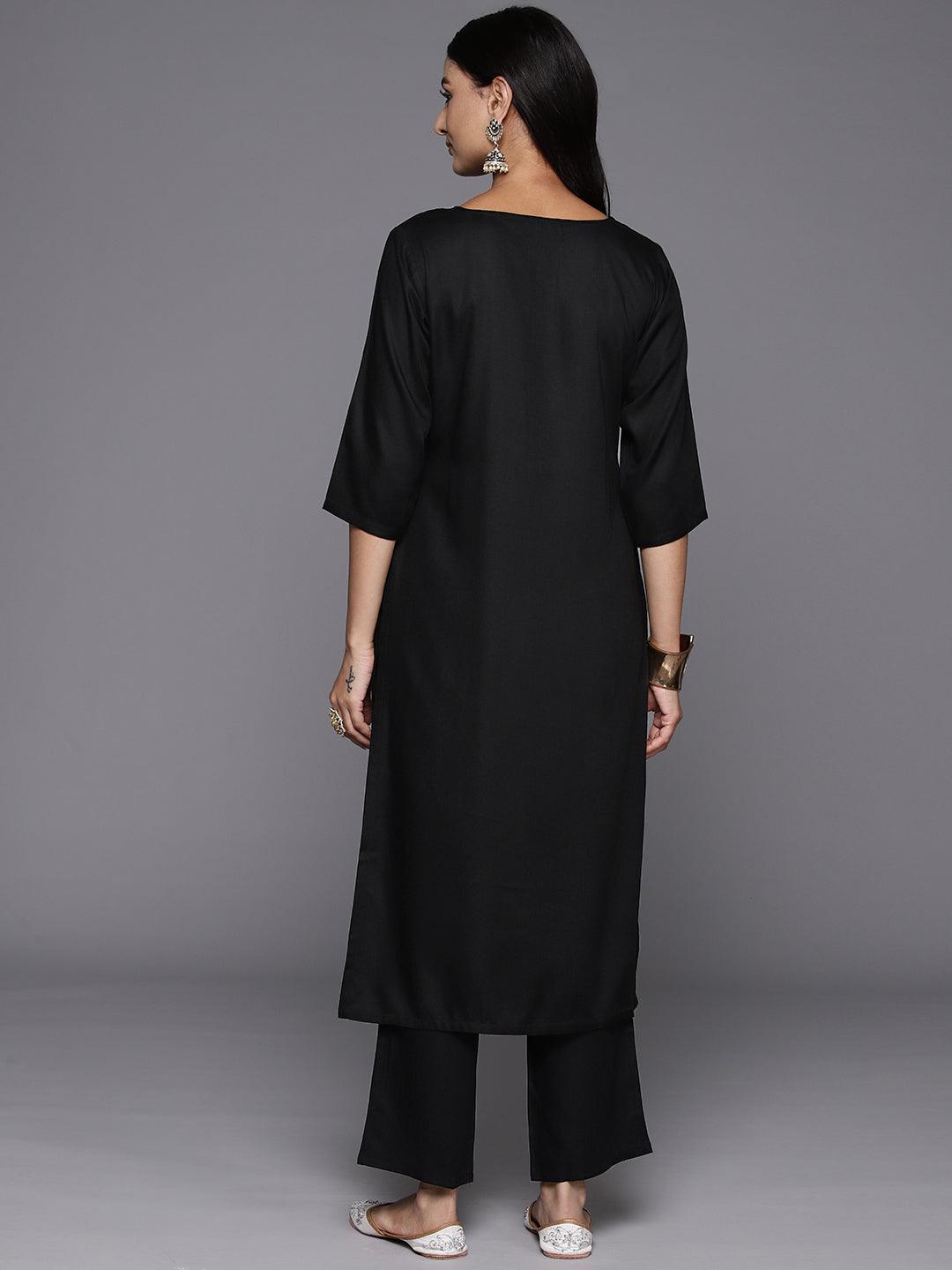 Black Yoke Design Wool Blend Straight Kurta With Trousers - Libas 