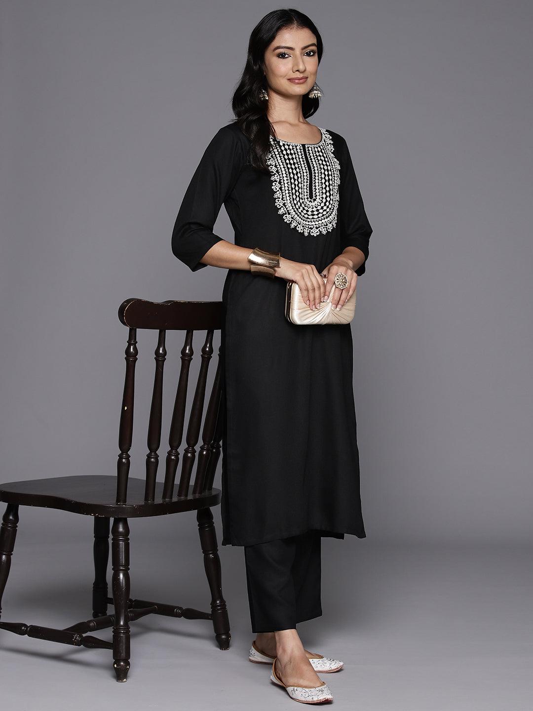 Black Yoke Design Wool Blend Straight Kurta With Trousers - Libas 