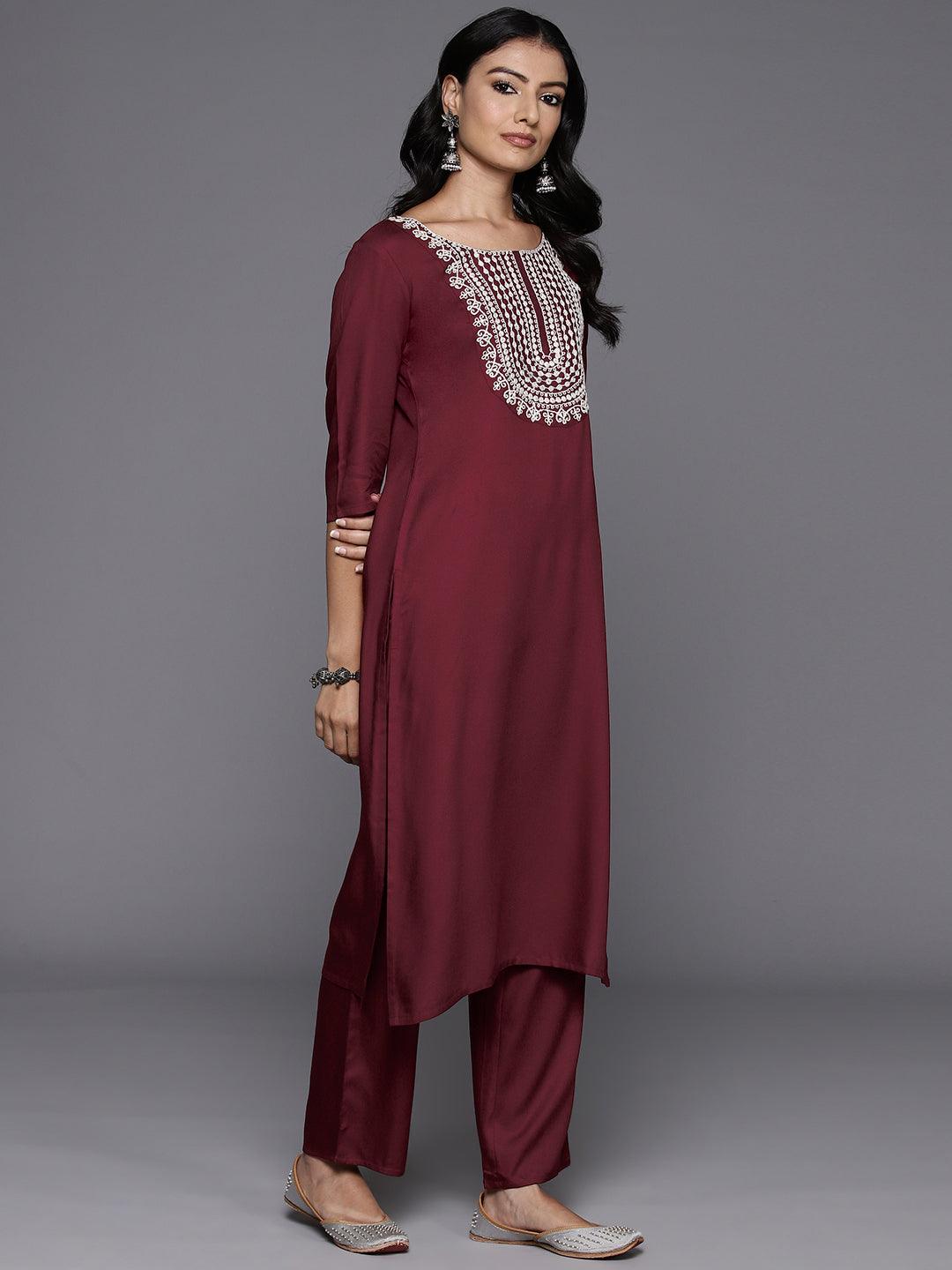 Maroon Yoke Design Wool Blend Straight Kurta With Trousers - Libas 