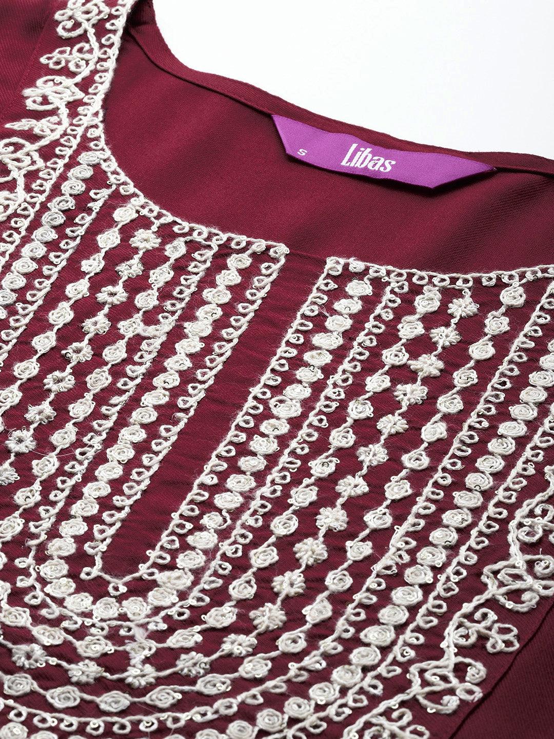 Maroon Yoke Design Wool Blend Straight Kurta With Trousers - Libas 