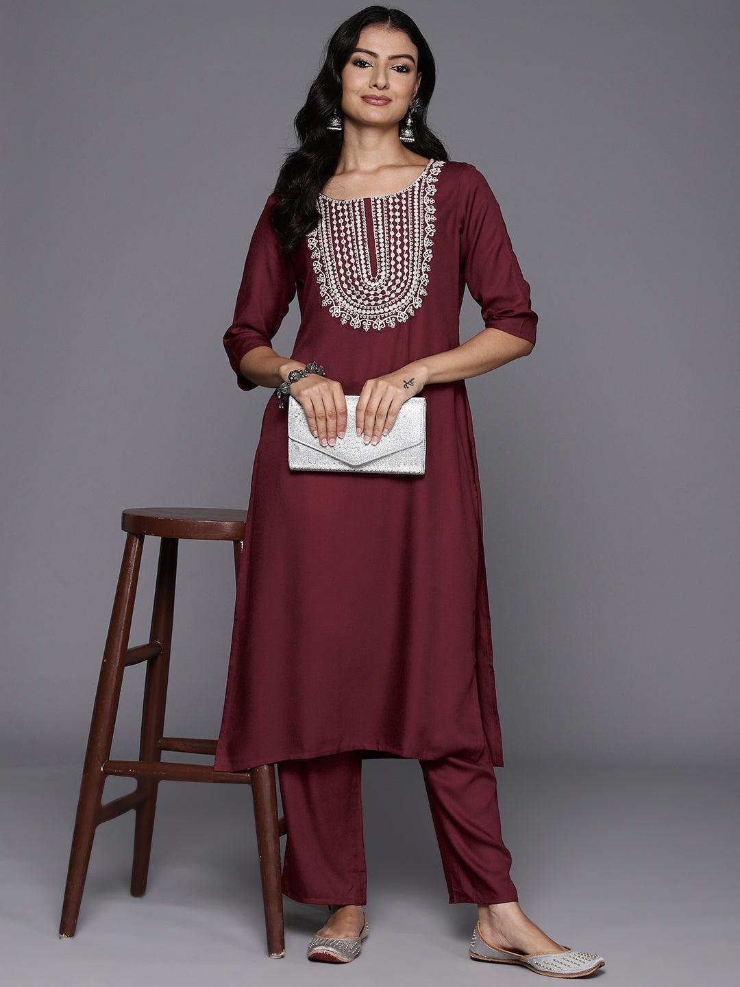 Maroon Yoke Design Wool Blend Straight Kurta With Trousers - Libas 