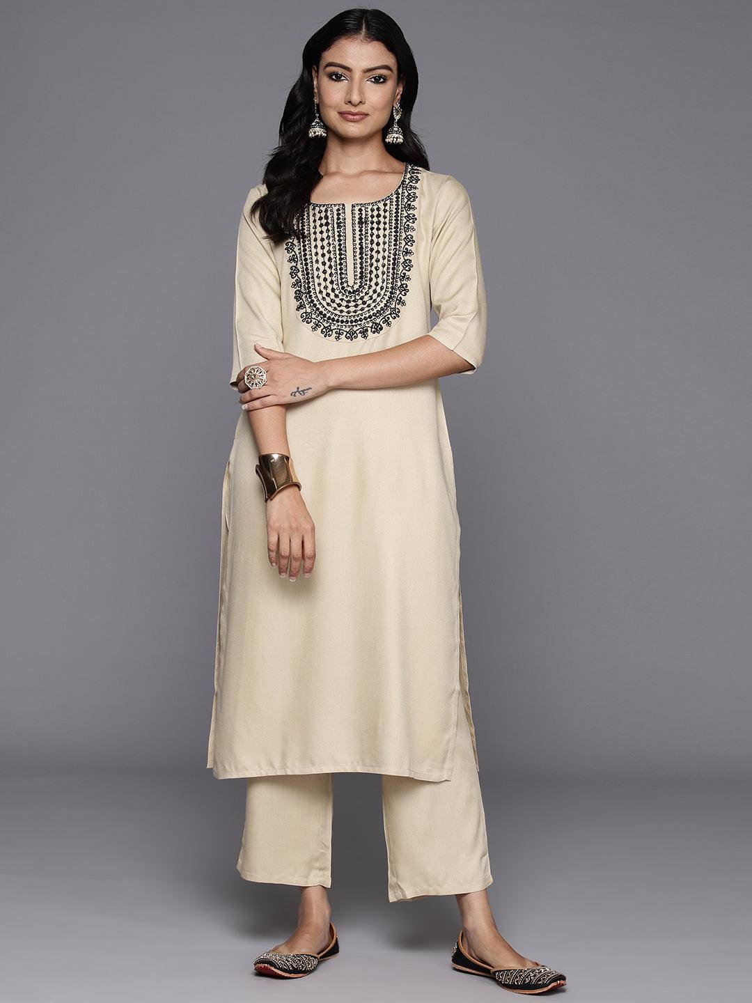 Beige Yoke Design Wool Blend Straight Kurta With Trousers - Libas