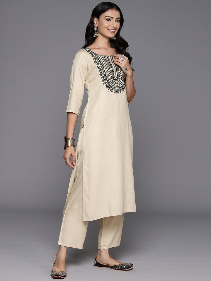 Beige Yoke Design Wool Blend Straight Kurta With Trousers - Libas