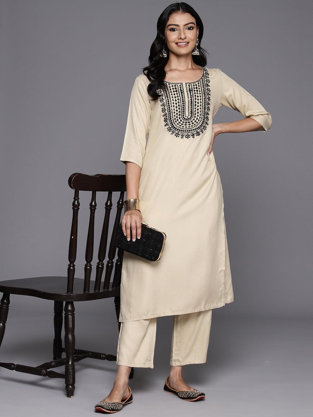 Beige Yoke Design Wool Blend Straight Kurta With Trousers - Libas