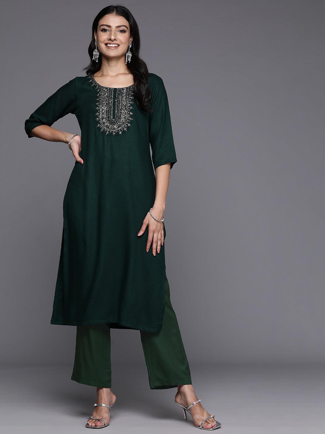 Green Yoke Design Wool Blend Straight Kurta Set - Libas 